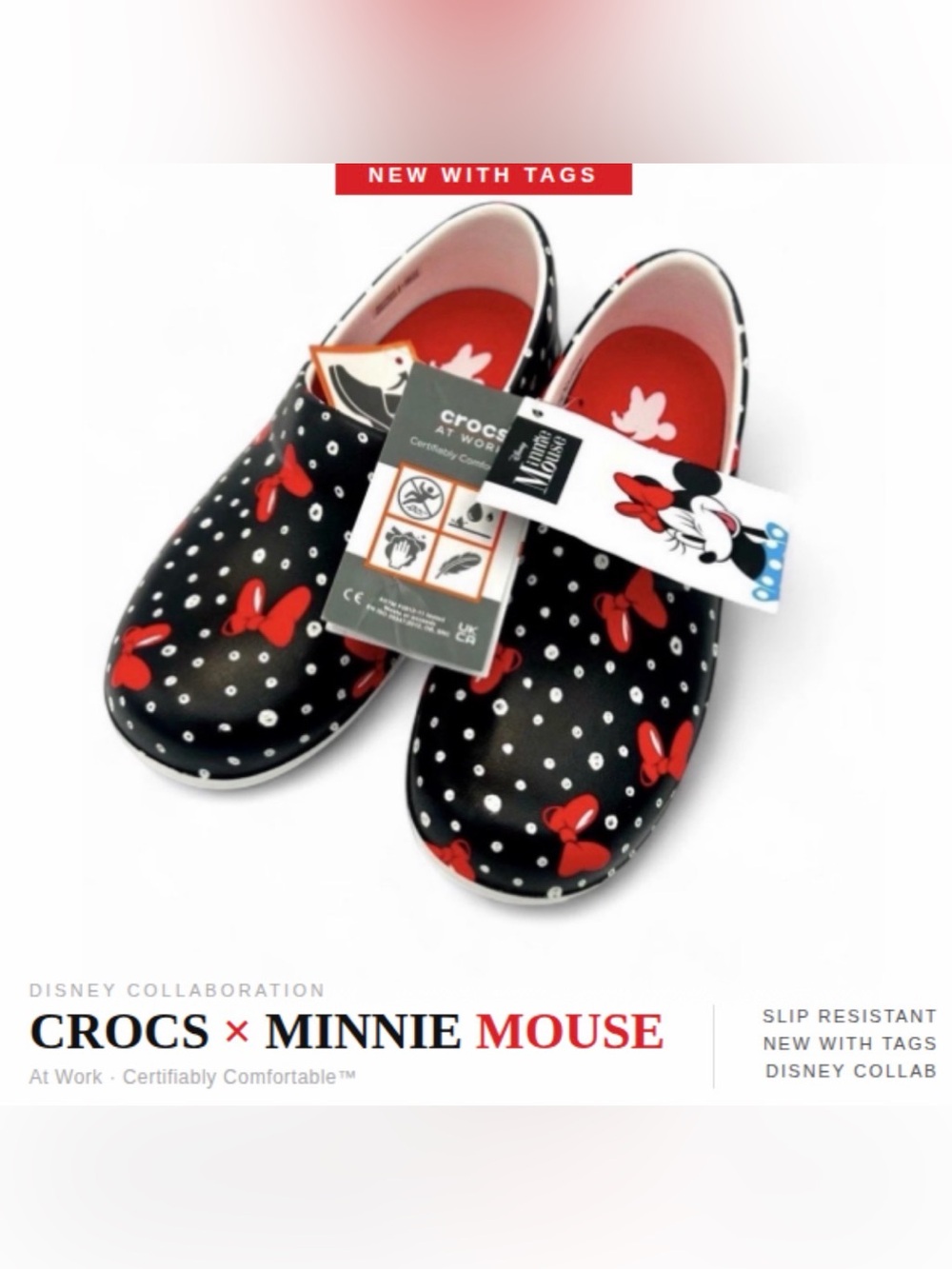 Crocs Disney NEW Minnie Mouse Neria At Work Clogs W4 Girls J1 Black Red Bow NWT